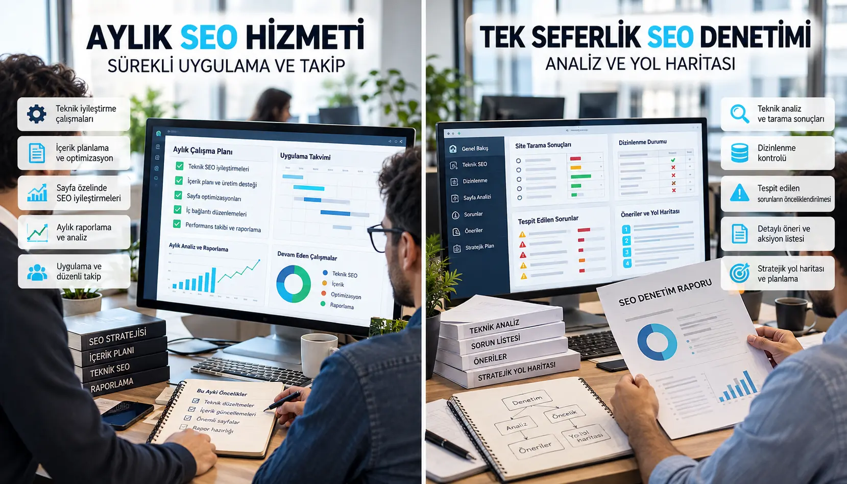 Aylık SEO yönetimi ve tek seferlik teknik SEO denetiminin iki farklı çalışma alanında karşılaştırılması