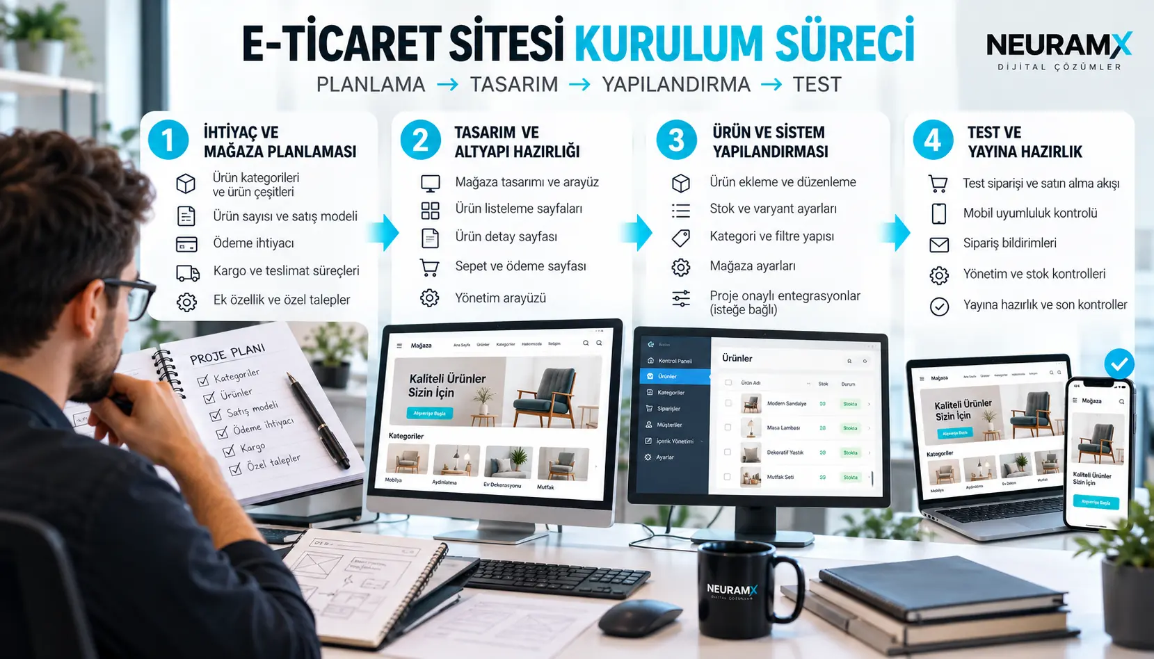 E-ticaret sitesi için planlama, tasarım, sistem yapılandırması ve yayına hazırlık adımlarını gösteren dört aşamalı kurulum süreci