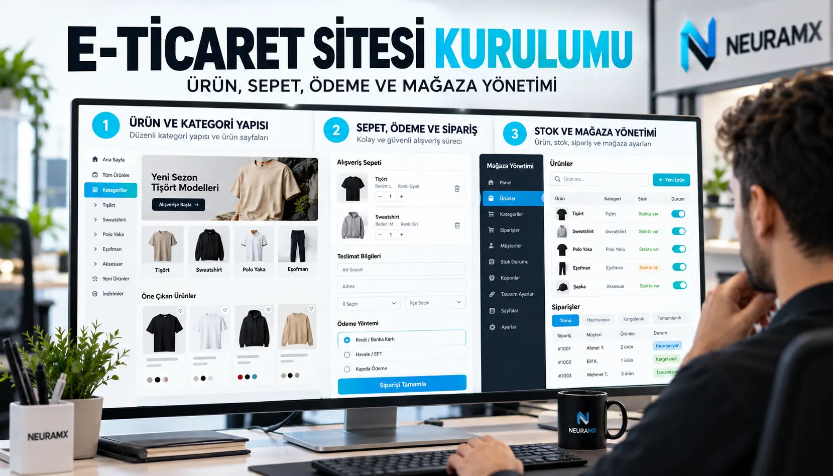 Bilgisayar ekranında ürün kategorileri, alışveriş sepeti ve mağaza yönetim panelini inceleyen e-ticaret sitesi geliştiricisi