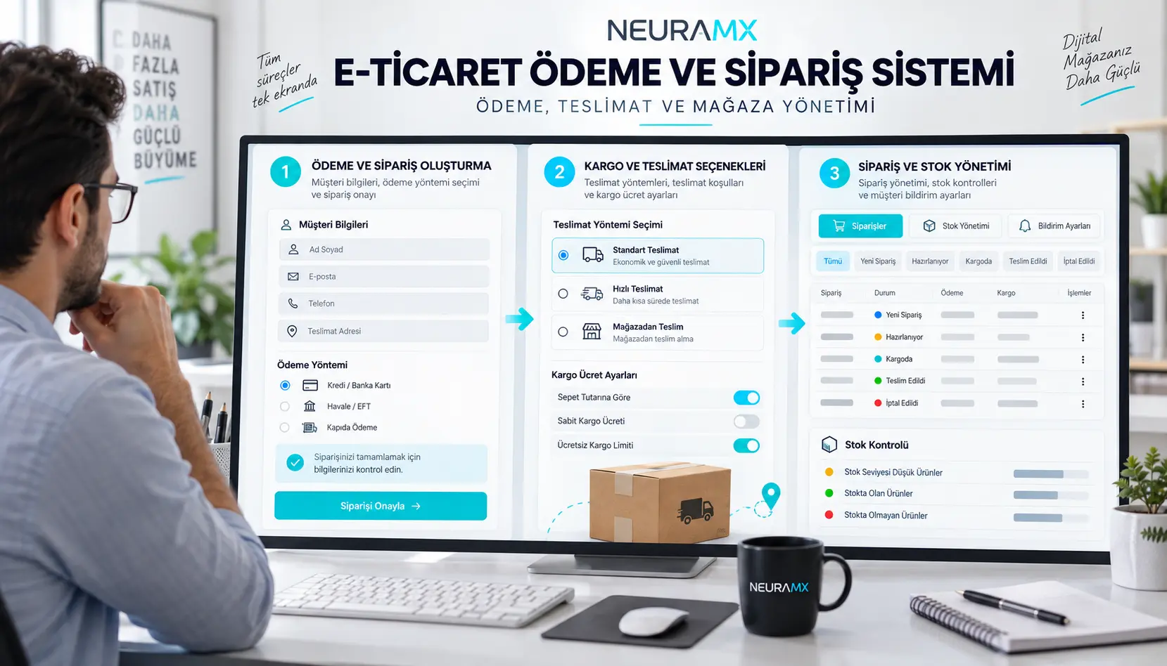 E-ticaret mağazası yönetim ekranında ödeme adımları, kargo seçenekleri, sipariş durumları ve stok kontrollerini gösteren temsili arayüz