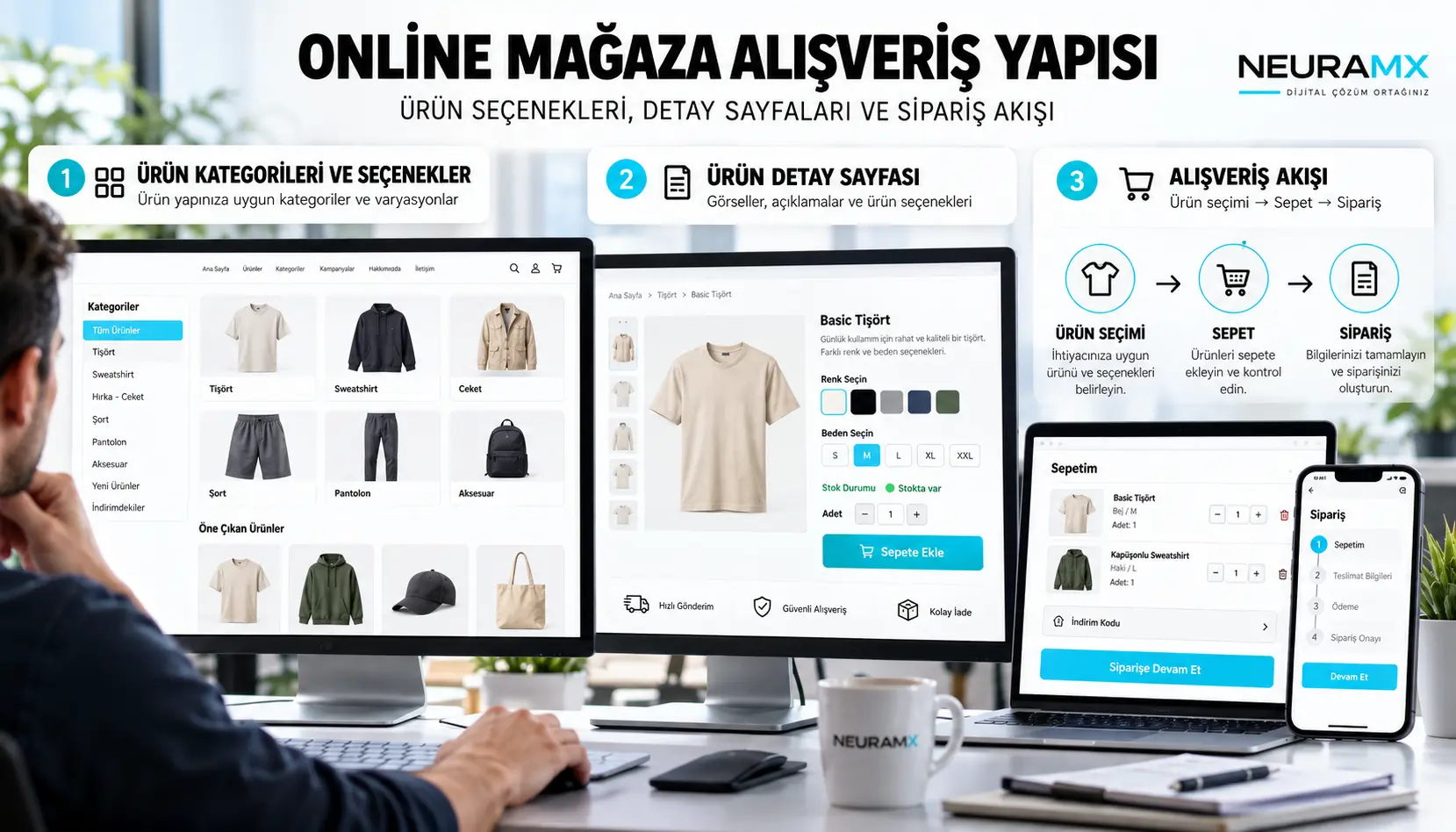 Bilgisayar ve telefon ekranlarında ürün seçenekleri, ürün detay sayfası ve alışveriş sepetine geçişi gösteren online mağaza tasarımı