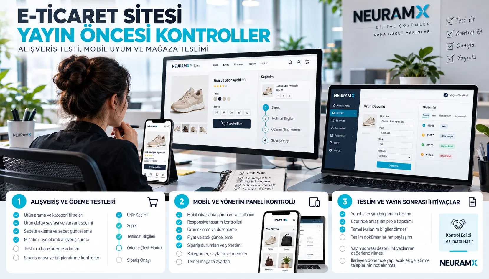E-ticaret sitesinin alışveriş akışını, mobil görünümünü ve yönetim panelini yayın öncesinde test eden web geliştirme uzmanı