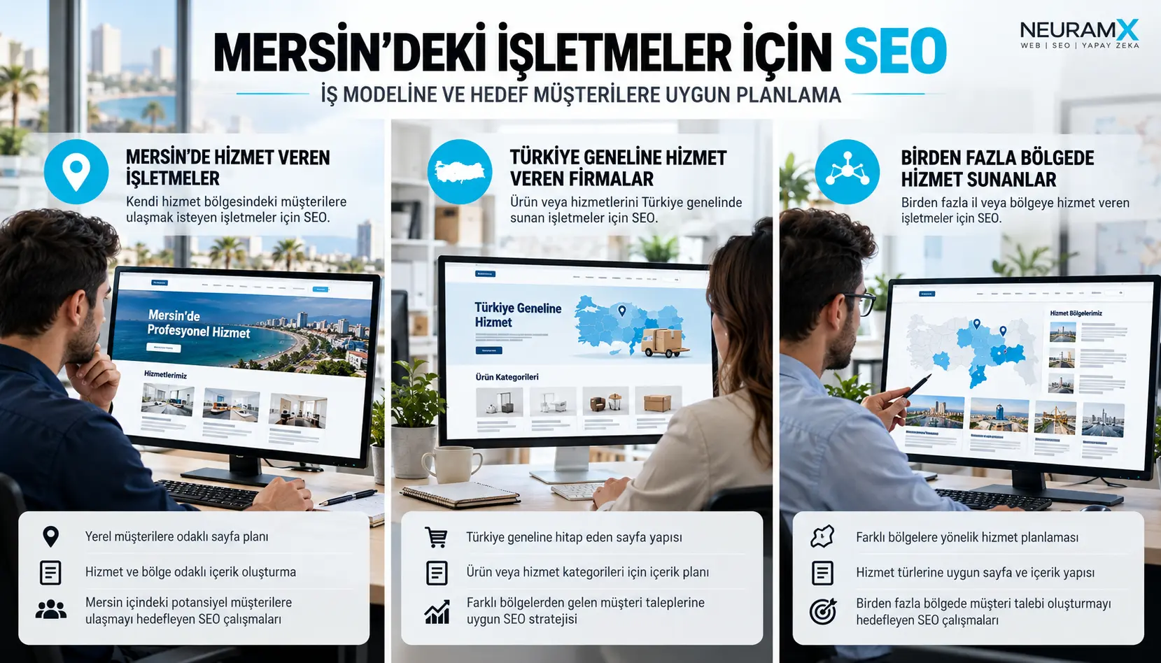 Yerel hizmet işletmesi, Türkiye geneline çalışan firma ve çok bölgeli işletme için üç farklı SEO hedef pazarı senaryosu