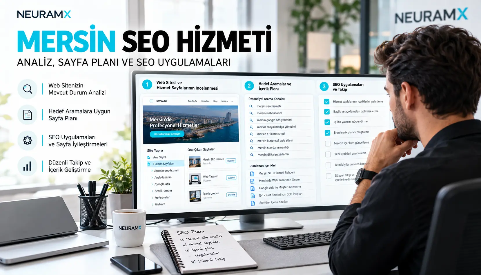 SEO uzmanının işletme web sitesini, hedef aramaları ve SEO sayfa planlamasını incelemesini gösteren temsili çalışma ortamı