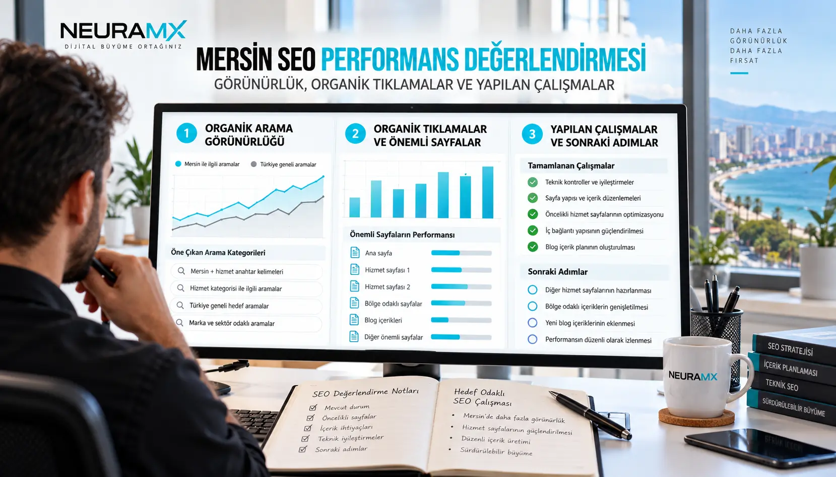 SEO uzmanının Mersin odaklı ve genel organik arama görünürlüğünü, web sitesi tıklamalarını ve SEO çalışma raporunu incelemesi