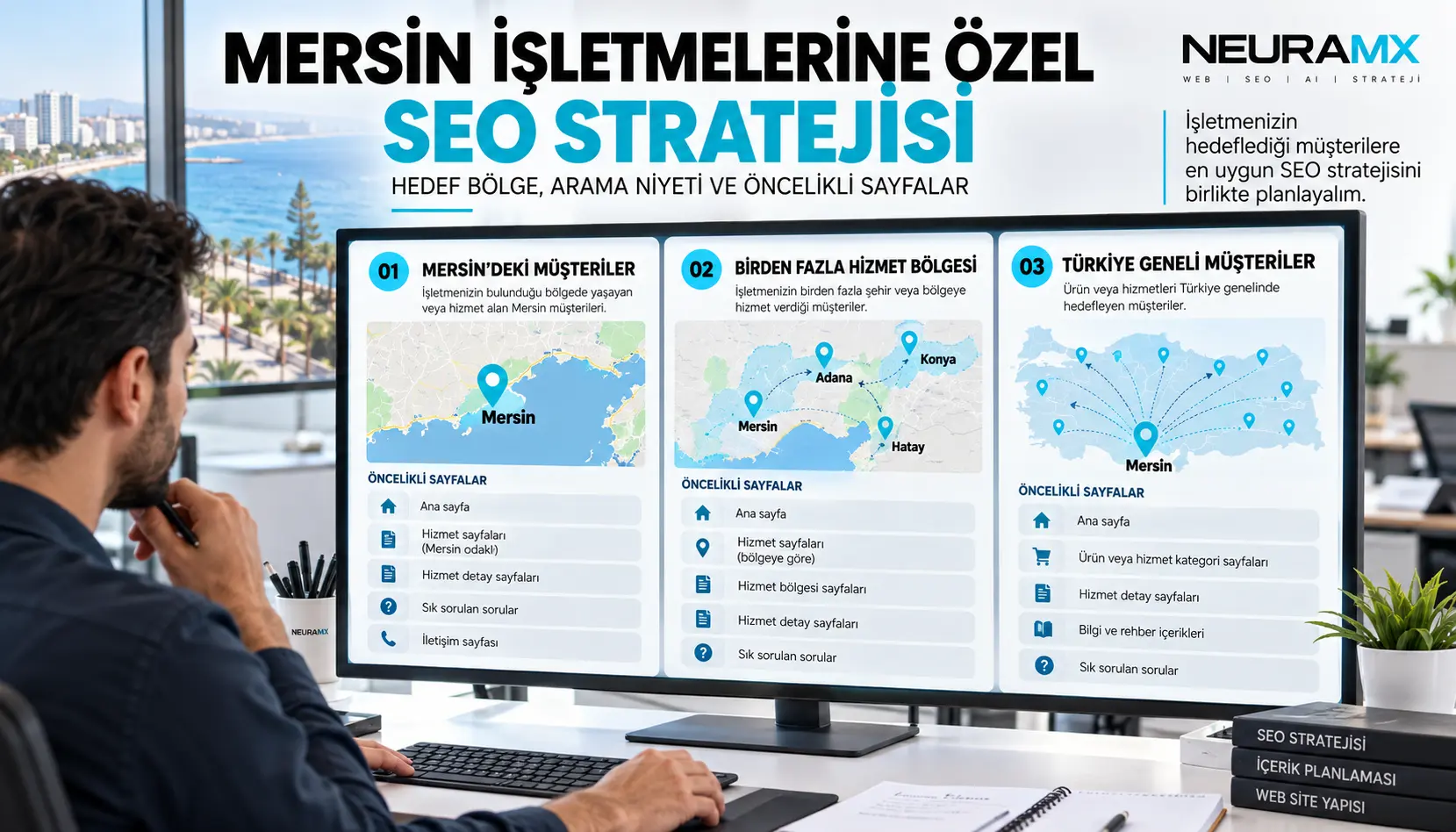 Mersin'deki işletmeler için yerel, çok bölgeli ve Türkiye geneli hedef müşteri pazarlarını karşılaştıran temsili SEO strateji planı