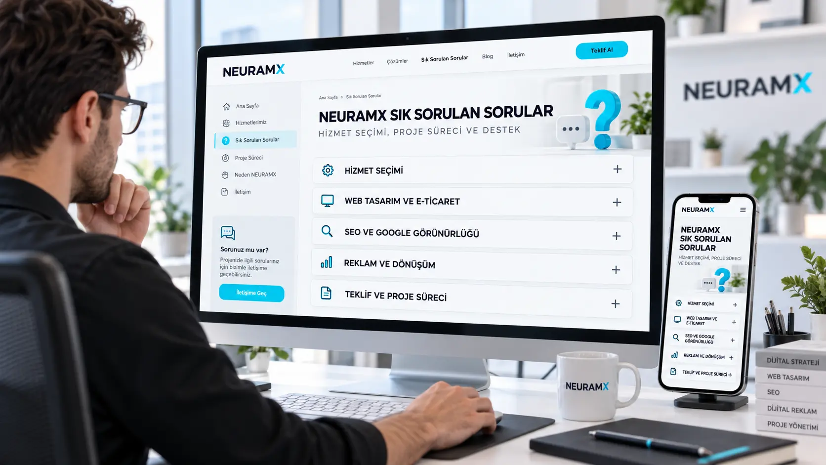 Bilgisayar ve telefon ekranında NEURAMX hizmetleri hakkında kategorilere ayrılmış sık sorulan sorular arayüzü