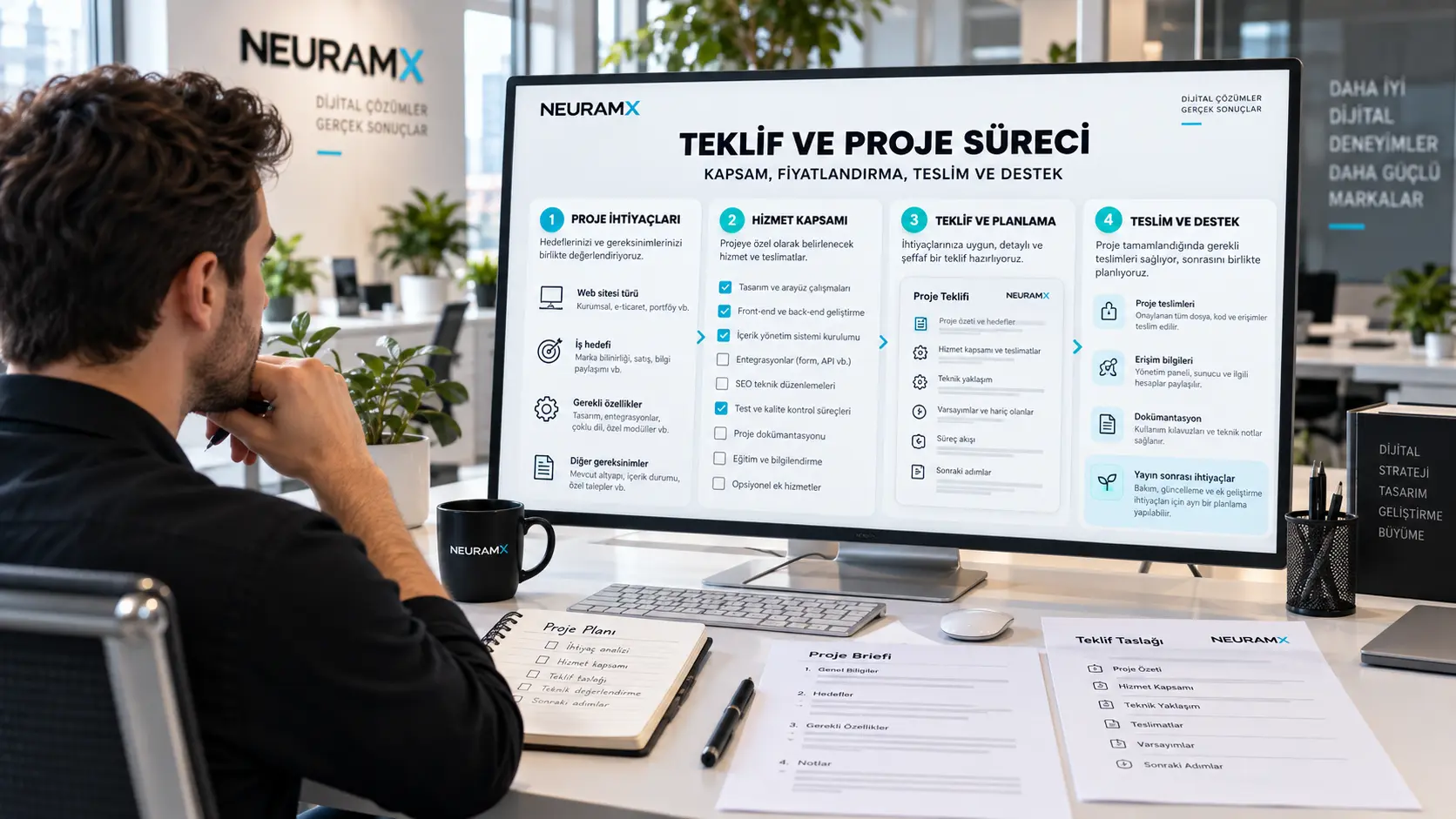 Dijital ajans danışmanının proje ihtiyaçları, teklif kapsamı, teslim ve teknik destek konularını çalışma ekranında incelemesi