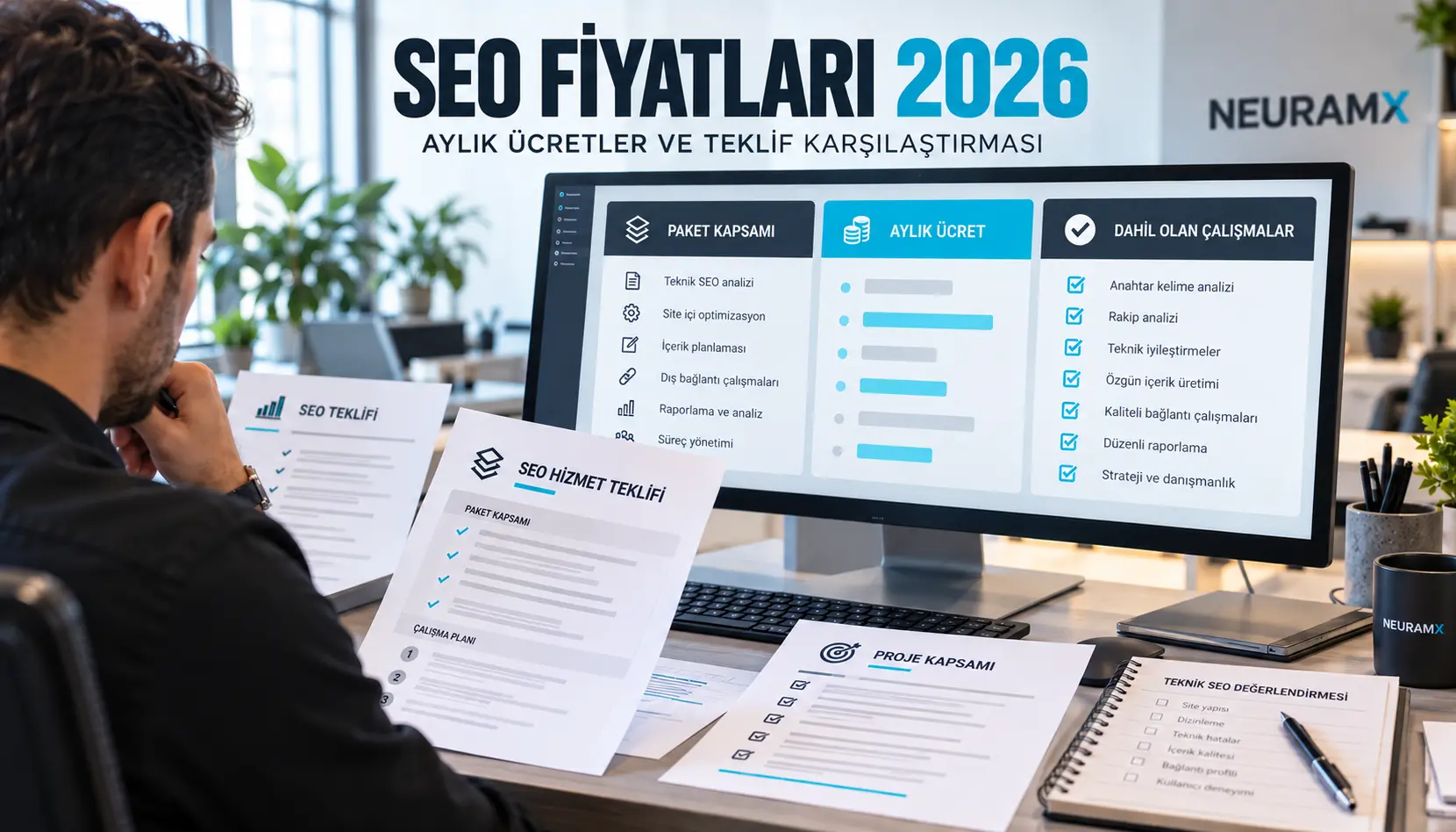 SEO uzmanının 2026 yılı aylık SEO fiyatlarını ve ajans tekliflerinin kapsamını bilgisayar ekranında karşılaştırması