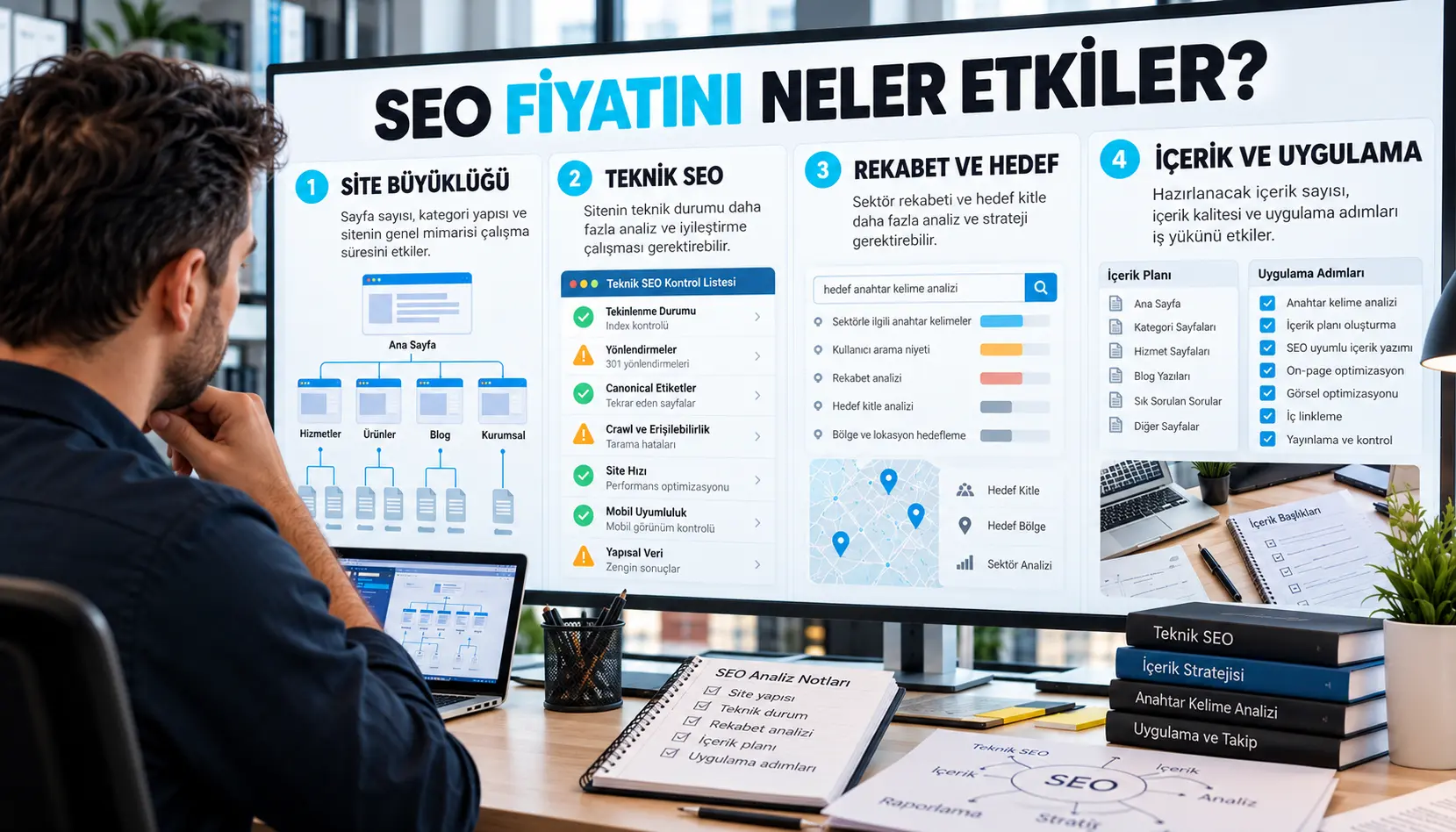 SEO uzmanının site büyüklüğü, teknik SEO sorunları, arama rekabeti ve içerik ihtiyaçlarını incelemesi