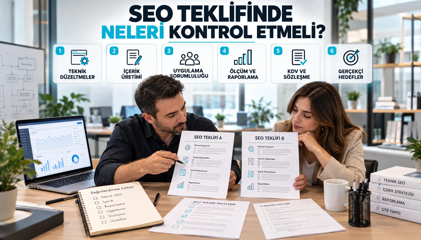 SEO teklifinde teknik çalışmalar, raporlama, KDV, sözleşme ve gerçekçi hedeflerin kontrol edilmesi