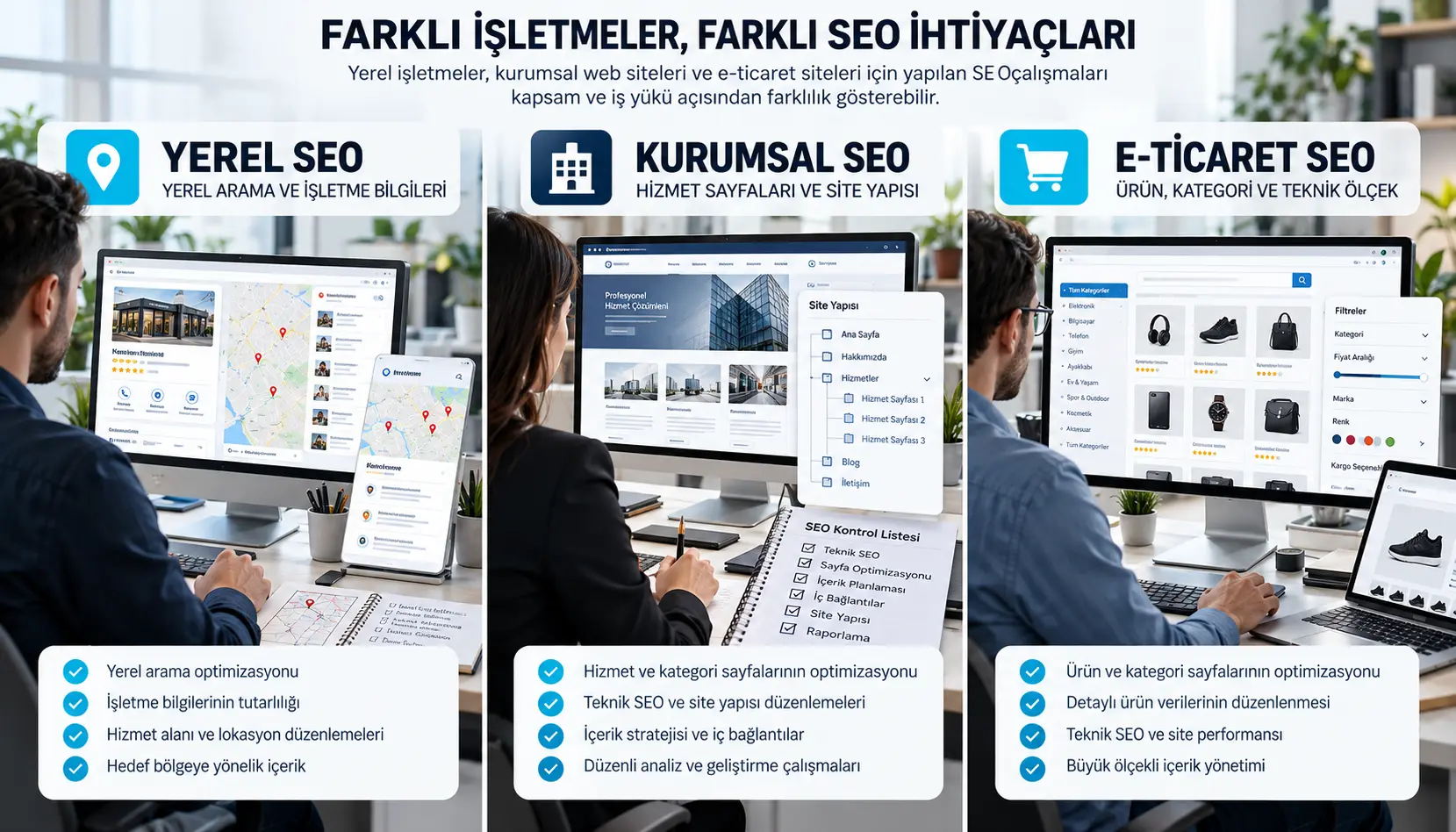 Yerel SEO, kurumsal SEO ve e-ticaret SEO çalışmalarının site yapısı ve iş yükü açısından üç alanda karşılaştırılması